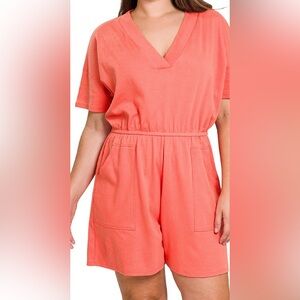 Zenana Outfitters Coral Drop Shoulder V-Neck Romper with Pockets